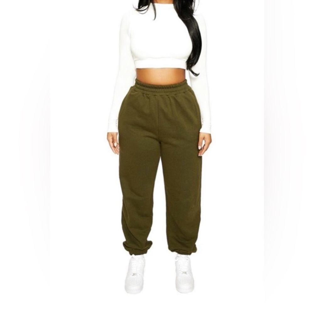 High-Rise Olive Green Fleece Joggers